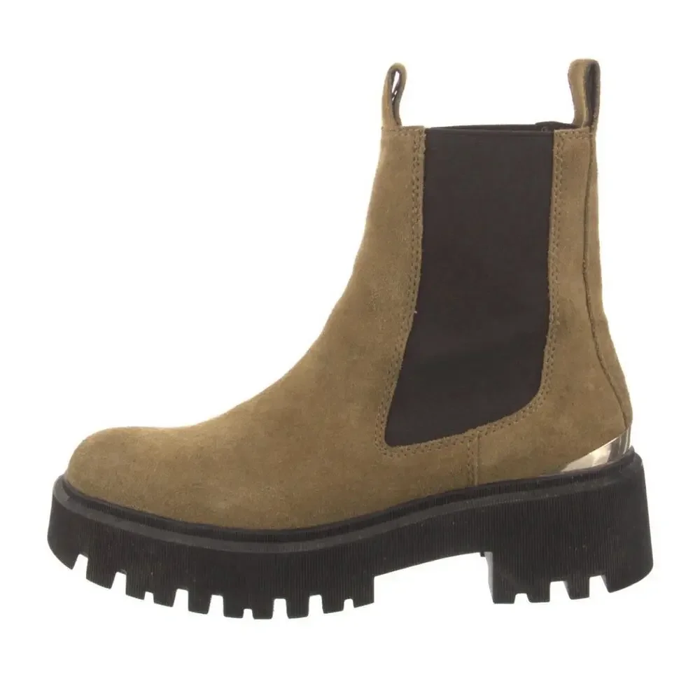 Maje Camel Leather Chelsea Platform Ankle Boots 36 Metallic Panel Lug NWOB